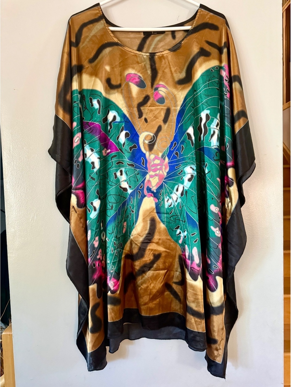 Temptation Oversized Satin Butterfly Kaftan Tunic Poncho Top Gold Green